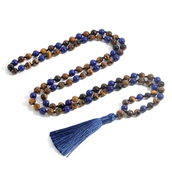 Lapis Lazuli Kollane Tiiger Silma 108Mala Beaded Sõlmes Pikk Kaelakee Meditatsiooni Jooga Õnnistus Japamala Tutt Meeste ja Naiste Ehted