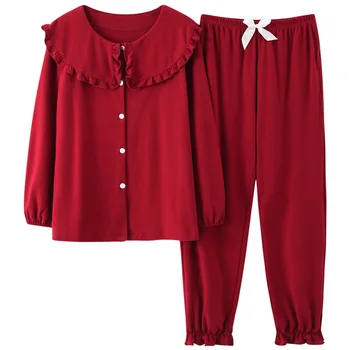 Naiste Täis Puuvillane Pidžaama Pulm Pidulik Punane Pajama Komplekti Sleepwear Pika Varruka Ülemine+Pikk Pidžaama Püksid Kodus Riided Pidžaamad