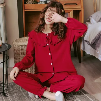 Naiste Täis Puuvillane Pidžaama Pulm Pidulik Punane Pajama Komplekti Sleepwear Pika Varruka Ülemine+Pikk Pidžaama Püksid Kodus Riided Pidžaamad