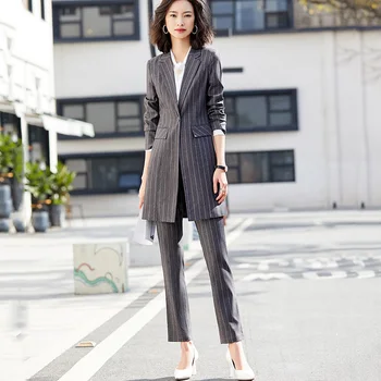 Lenshin 2-osaline komplekt, naiste riided fashion triibuline Pikk pintsak ja Pahkluu pikkusega püksid office lady OL style formaalne ühtne Sobib