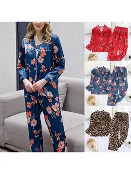 Naiste Jää Silk 2tk Pidžaama Komplekt Pikad Varrukad Nupud Topid Püksid Leopard Sleepwear Y3NE