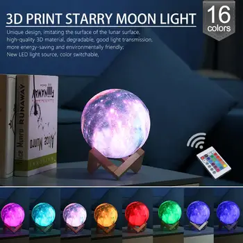 Dropship 3D Print Star Moon Lamp Värvikas 16 Värvi Muutmiseks Puudutage Home Decor Loominguline Kingitus Usb Led Night Light Galaxy Lamp