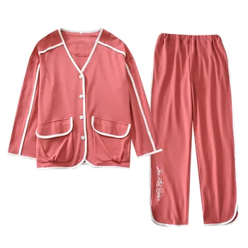 2020. aasta Kevadel Naiste Tahked V-kaeluse Puuvill Pajama Set Lihtne Pikad Varrukad Pidžaamad, v.a Silmkoelised Naiste 2 Töö Sleepwear Kodu Riided