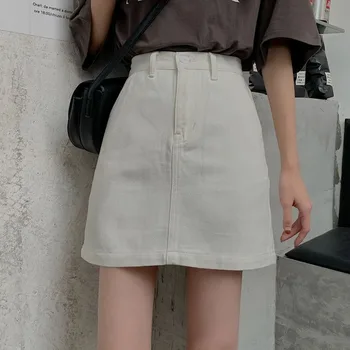 Seelikud Naiste Denim Kõrge vöökoht Tahke-line Hip-seelik Slim-korea stiil Õpilased Preppy-stiil Casual Streetwear Kommi-Šikk värv