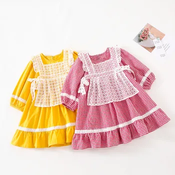 Uus aasta Sügisel korea stiilis Puuvill Tahke Printsess Tüdrukute Pikad varrukad kleit koos Pits põll kaks rõivakomplekti Laste Kleidid, Laste Riided