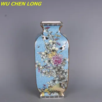 WU CHEN LONG Keraamika Qing Dünastia Qianlong Emailiga Maali Ruut, Lill ja Lind Vaasid Antiikne Portselan Kogumise R5760