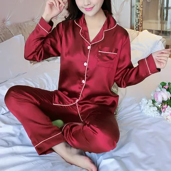 Naiste Pajama Komplekti Silk Satin Pijama -down) Krae Sleepwear Pikad Varrukad Kevadel Nightwear Femme 2 Tükki, Komplekti Homewear