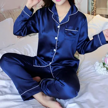 Naiste Pajama Komplekti Silk Satin Pijama -down) Krae Sleepwear Pikad Varrukad Kevadel Nightwear Femme 2 Tükki, Komplekti Homewear