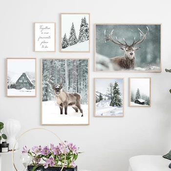 Snow Mountain House Põder Männimetsa Quote Seina Art Lõuend Maali Nordic Plakatid Ja Pildid Seina Pildid Elutuba Decor