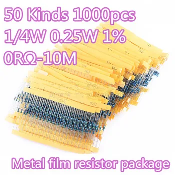 1000pcs/set 50 Tüüpi 1/4W 0,25 W Takistus 1% Metal Film Resistor Pack-ja Lauatarvete Komplekt 1K 10K 100K 220ohm 1K Takistid 1000pcs/set
