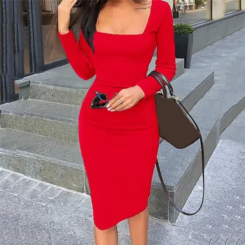 Harajuku Puhta Sidemega Täis Varruka Low Cut Kleit Naiste 2021 Office Lady Street Casual Must Punane Lihtne Bodycon Keskel Kleit