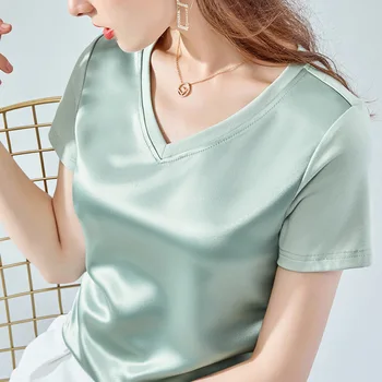 Kõrge Kvaliteediga Pehme Puuvillane Satiin Naiste T-särk Suvel 2020 korea Stiilis V-Kaeluse Lühikese Varrukaga T-Särk Naiste Topid Uus Camiseta Mujer