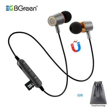 BGreen Bluetooth Magnet Sport Kõrvaklapid Pungad Töötab Sport Peakomplekt Sisseehitatud MP3 Mängija, Micro SD TF Mälukaardi Taasesituse Käed-vabad Kõne