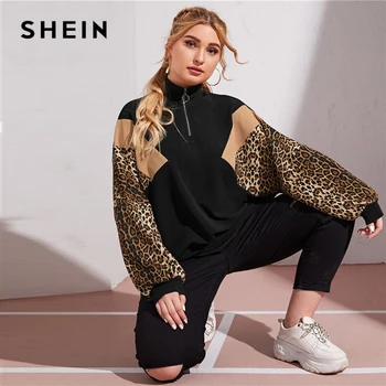 ŠEIN Pluss Suurus Tilk Õla Zip Poole Lõhik Leopard Paneel Pullover Naiste Sügis Pikad Varrukad, Kõrge Kaelus Vabaaja Pusad