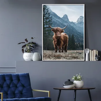 Loomade Prindi Põhjamaade Plakat Lõuendile Maali Pruun Highland Lehm Seina Art Elutuba Teenetemärgi Pilte Home Decor