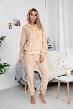 Naiste Fliis 2 Tk Riided Komplekti, Pikk Varrukas Tahked Värvi Pullover Hupparit + Pikk Pant Warm Fuzzy Homewear Varustus