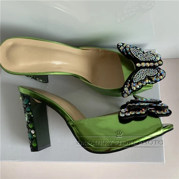 Crystal Liblika-lille Raja Toasussid Naiste Kalliskivi Roheline Teemant Kõrge Kontsaga real Leather Avatud Varvas Slingback Sandaalid Naistele