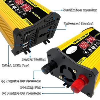 Peak 4000W 12V to 220V/110V LED Display Car Power Inverter, Konverter-Adapter Dual USB Pinge Trafo Modifitseeritud Siinus