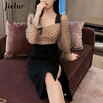 Jielur Bowtie Sifonki Vintage Naiste Kleidid 2020. Aasta Uus Servjätkatud Tiivad prantsuse Kõhn Elegantne Daam Seksikas Dot Must Naiste Kleit S-XL