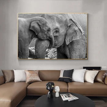 Must ja Valge Elevant ja Baby Elevant Lõuendile Maali Plakatid ja Pildid Loomade Seina Art Pilte Home Decor