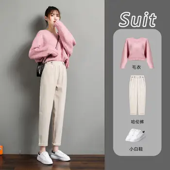 Wavsiyier Püksid Streetwear 2020 Korea Haaremi Pükste Elastsed Püksid Naiste Tahke Lai Jalg Vabaaja Villane Sügis-Talv Kõrge Vöökoht