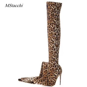 Mstacchi Uus Kevad-Sügis Seksikad Kõrged Kontsad Fashion Saapad Naistele Üle Põlve Venitada Saapad Leopard Stilettos Suur Suurus 33-43