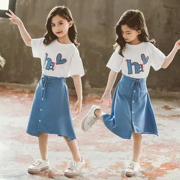 Fashion Tüdrukud Lapsed Seelikud Komplekt 2tk Valge T-särgid ja Denim Seelikud Väikelapse Beebi Suve Riideid Puuvill Teismeliste Varustus 4-14T UUS