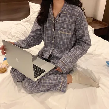 Naiste sleepwear 2-osaline komplekt, täielik puuvillane kevad-sügis ruuduline pidžaama komplekt vabaaja lahti kodus ülikond, pluus püksid pijamas set Y239