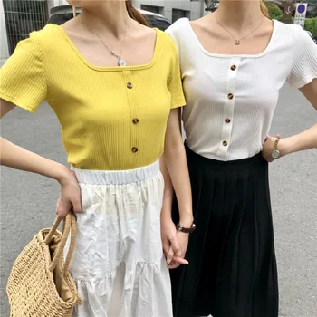 Korea nuppu Harajuku naiste vabaaja suured tihe suvi lühike varrukas uus mood tahked värvi Ruudu Krae T-särk tops