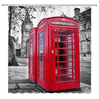 Retro London Telefoni Putka Vannituba, Dušš Kardin Big Ben Punane Maastik Veekindel Polüester Kangast Kunsti Vann Home Decor