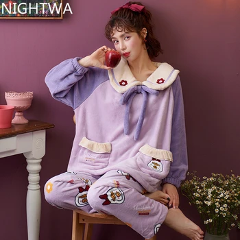 NIGHTWA Uus Naiste Talve Pidžaama Komplekt Naistele Sleepwear Soe Flanell Pikkade Varrukatega Pidžaama Lilla Armas Homewear Paks Kodu Ülikond