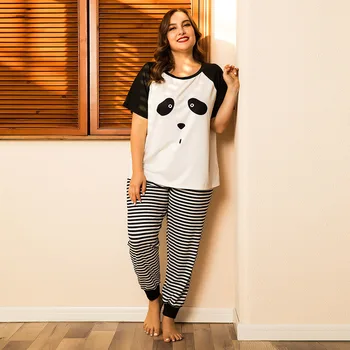 DOIB Naiste Pluss Suurus Pidžaama Komplekt Cartoon Panda T-särk Triibulised Püksid Suured Homewear Nightwear Sobiks Kaks Tükki Sleepwear
