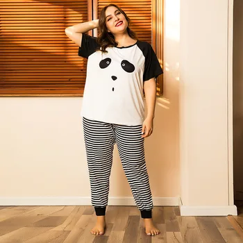 DOIB Naiste Pluss Suurus Pidžaama Komplekt Cartoon Panda T-särk Triibulised Püksid Suured Homewear Nightwear Sobiks Kaks Tükki Sleepwear