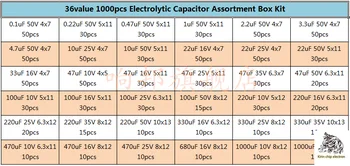 1000PCS/PALJU suurused 36 (0.1 uF - 1000uF) in-line kondensaator segatud elektrolüütiline kondensaator koostisega komplekt