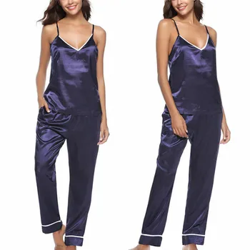 Naiste Siidist Pidžaama Komplekt Sleepwear Pilduma V-kaeluse vest Ja Pikad Püksid Komplekti