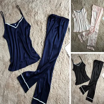 Naiste Siidist Pidžaama Komplekt Sleepwear Pilduma V-kaeluse vest Ja Pikad Püksid Komplekti