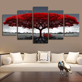 5 malle punane puu lihtne teenetemärgi pilt lõuendil punase tooli all punane puu, seina art prindi plakat elutuba teenetemärgi