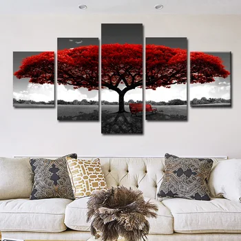 5 malle punane puu lihtne teenetemärgi pilt lõuendil punase tooli all punane puu, seina art prindi plakat elutuba teenetemärgi