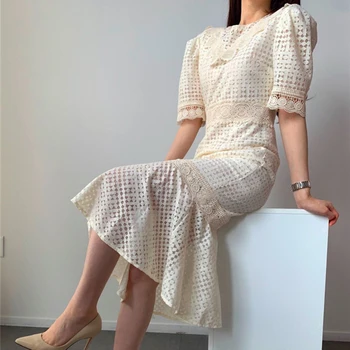 Korea Naised Puhvis Varrukad Õõnes Välja Lace Mermaid Pikad Kleidid Elegantne Naine Suvel 2020 Vintage Casual Slim Maxi Kleit Vestidos