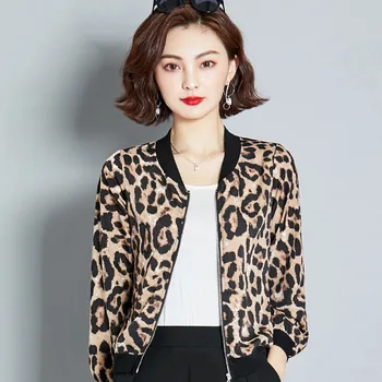 Leopard Printida Pluss Suurus Pesapalli Basic Krae ümber Tõmblukk Sügisel Pommitaja Jakid Pikkade Varrukatega tüdruk Mantel Naiste Jope Outwear