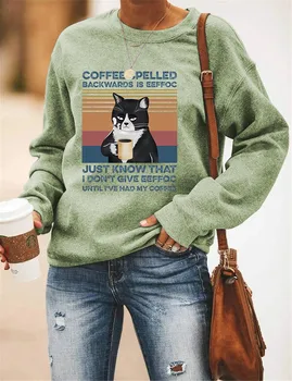 Kohvi Kirjutatud Kirja Trükkimine Liiga Crewneck Dressipluus Naistele Armas Kass Graafiline Hupparit Jumper 2020. Aasta Sügisel Talve Riided