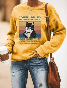 Kohvi Kirjutatud Kirja Trükkimine Liiga Crewneck Dressipluus Naistele Armas Kass Graafiline Hupparit Jumper 2020. Aasta Sügisel Talve Riided