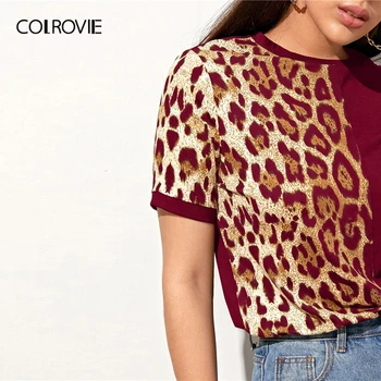 COLROVIE Mitmevärviline Leopard Printida Colorblock Tee ümber Kaela Lühikesed Varrukad Naiste Topid 2020. Aasta Suvel Casual T-särgid