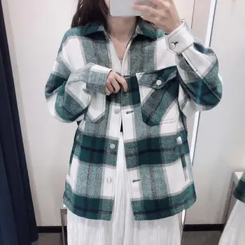 Mood Khaki roheline ruuduline jakk naiste vabaaja pikad varrukad liiga mantel vintage naiste villane mantel 2020 korea outwear