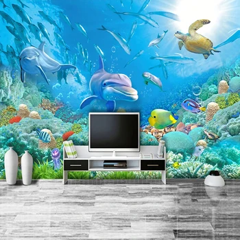 Custom Foto Veealune Maailm 3D Dolphin Kilpkonn, Kala, Koralli Pere Seinamaaling elutoas TV taustapildina Jaoks Magamistoa Seinad 3D