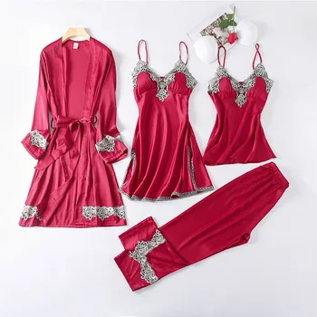 Mõõdus Lady 4TK Rüü Kimono Komplekt Satiin Kleit Nightdress Sleepwear Pits Segast Nightgowns Homewear Seksikas Intiimne Pesu