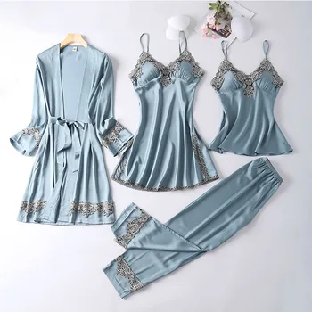 Mõõdus Lady 4TK Rüü Kimono Komplekt Satiin Kleit Nightdress Sleepwear Pits Segast Nightgowns Homewear Seksikas Intiimne Pesu
