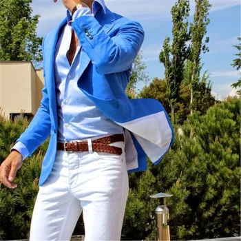 Suvel Stiilis Custom Made Royal Blue Coat Valge Pant Ülikonna Pintsak Meestele Eritellimusel Smoking Mens Pulm Kostüümid 2Pieces(Jope+Pant)
