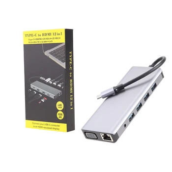 12 1 Alumiiniumist USB-3.1 TypeC HUB Dokk Converter for PC 2 4K HDMI, VGA, RJ45 PD 2 USB 3.0 2 USB 2.0 SD TF 3,5 mm AUX Adapter