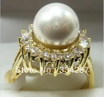10mm Valge sea shell pärl kulla värvi Tsirkoon crystal Sõrmus Suurus :7 8 9